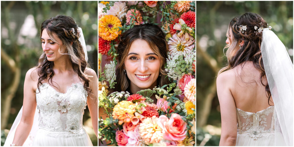 Bride framed by flowers by Designs in Bloom