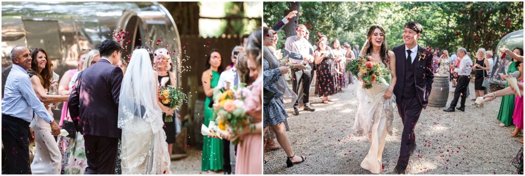 Confetting Cocktail Wedding Entrance at Sand Rock Farm