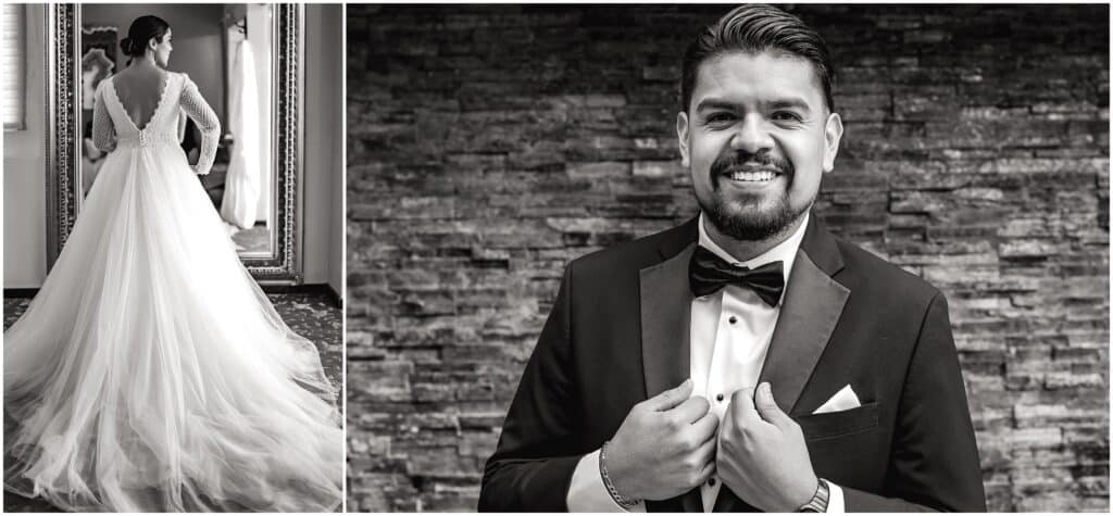 Bride and Groom black and white wedding getting ready