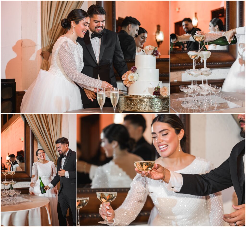 Cake and champagne tower Padua Hills Theatre wedding