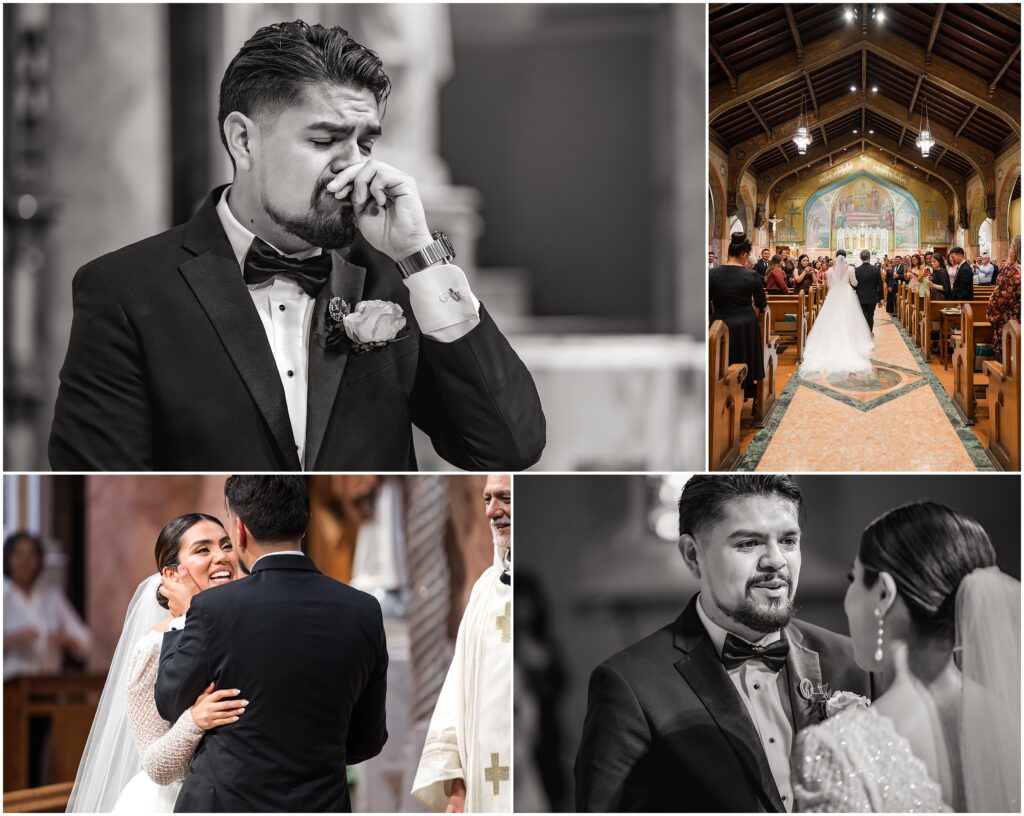Groom crying as bride walks down aisle St Anthony Catholic Church